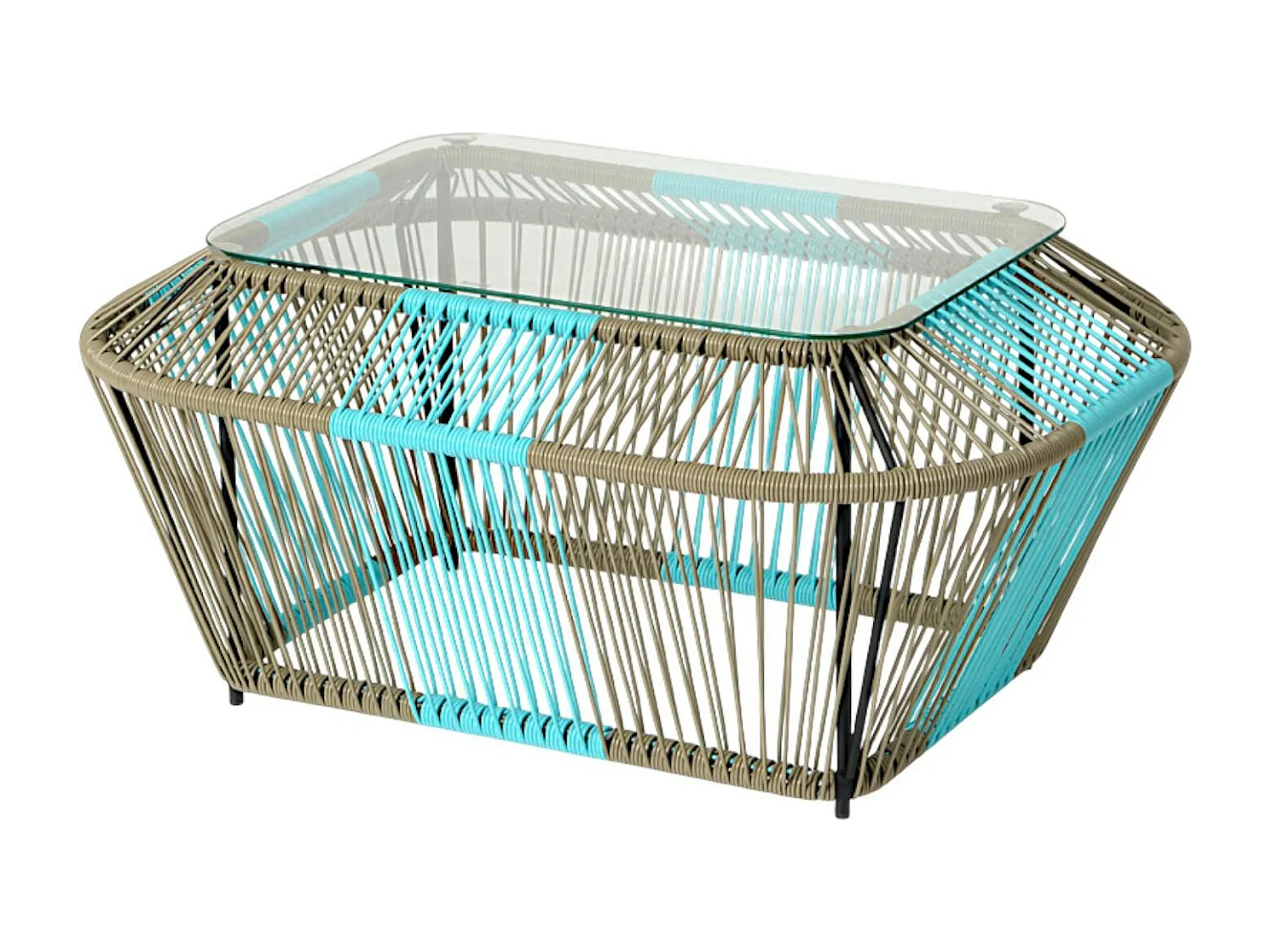 Table basse rectangulaire en métal et verre, turquoise et naturel 88x60x40cm