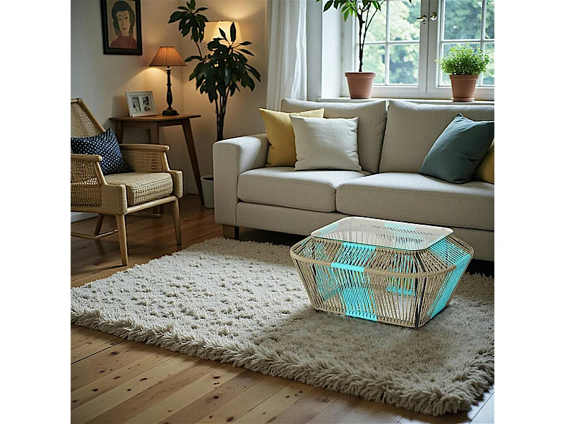 Table basse rectangulaire en métal et verre, turquoise et naturel 88x60x40cm
