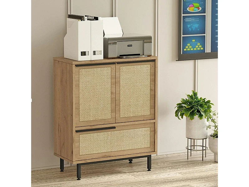 Meuble de rangement bureau 3 portes décor cannage JENA