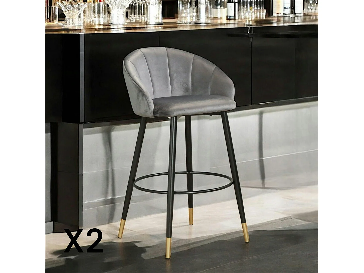 Chaise de bar en velours gris forme coquillage (lot de 2) HAWAI
