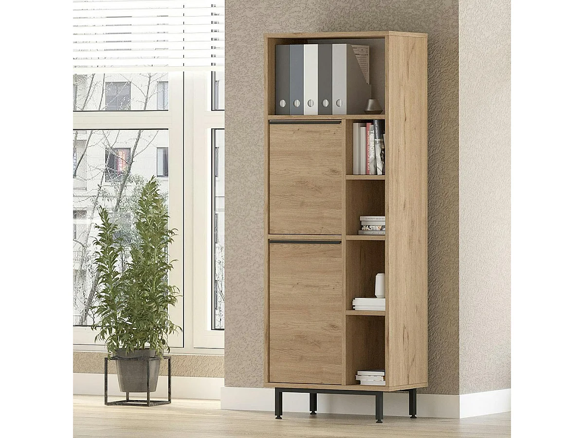 Meuble rangement bureau décor bois 2 portes 4 niches JENA
