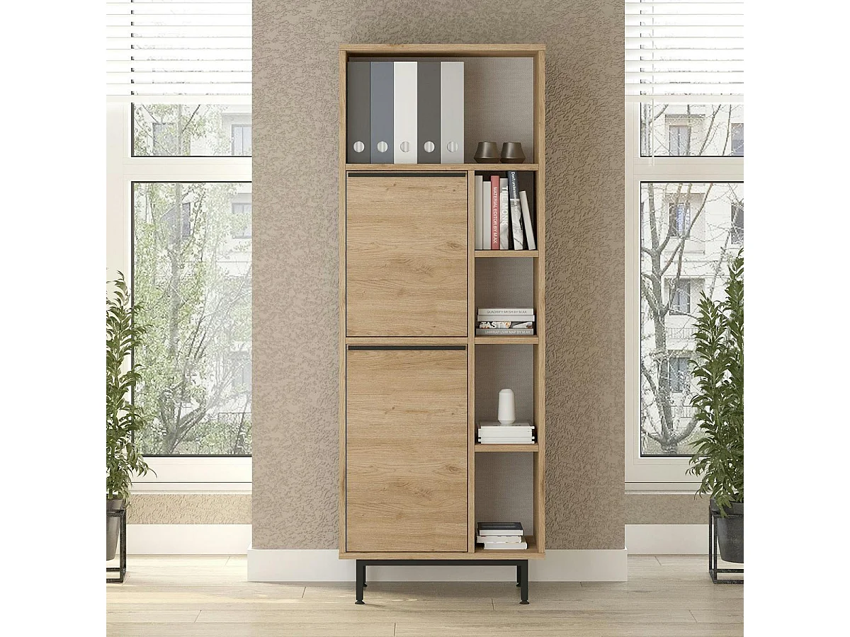 Meuble rangement bureau décor bois 2 portes 4 niches JENA