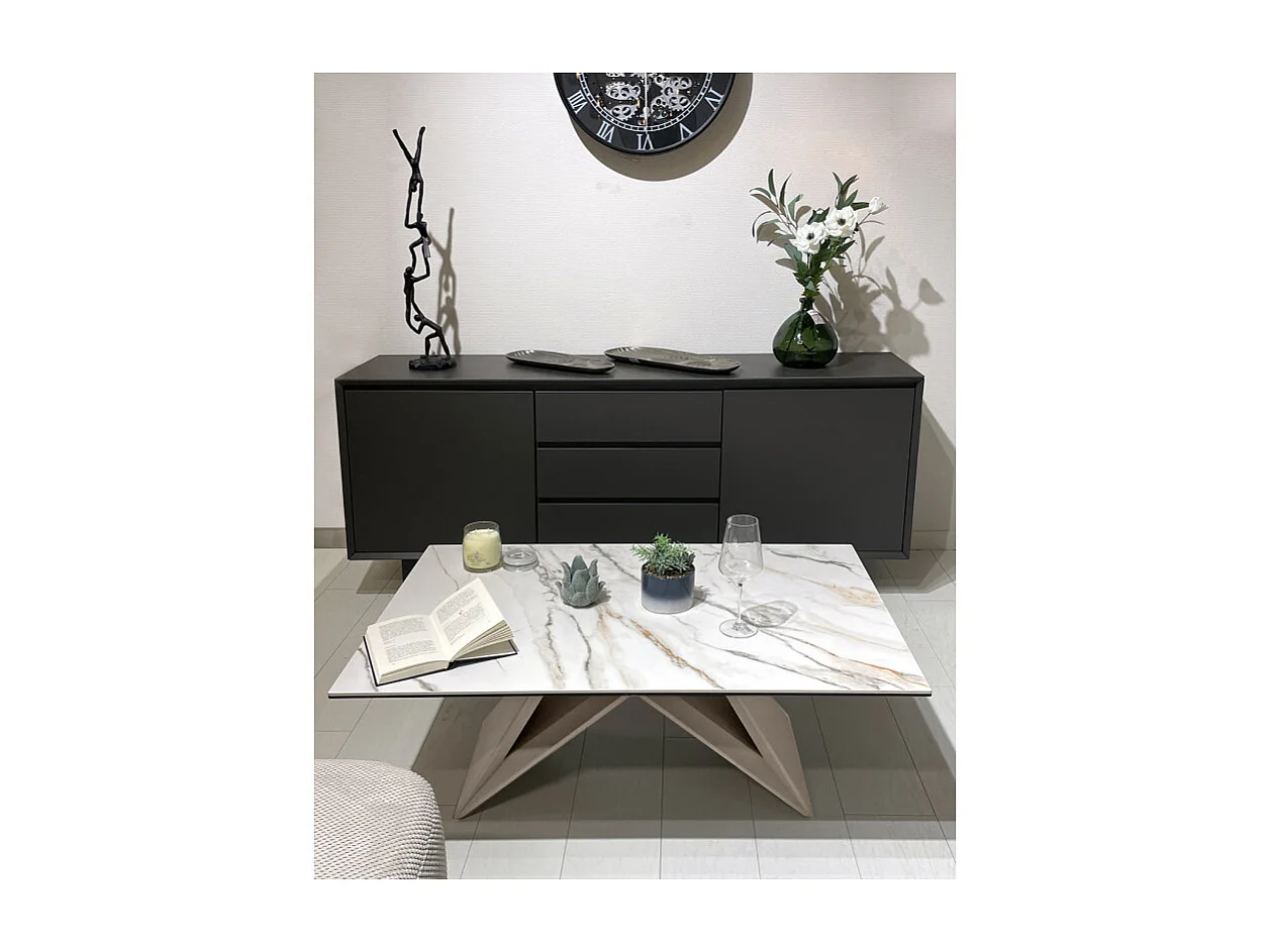 Table basse 110 cm céramique blanc marbré pied métal beige - ISAURE