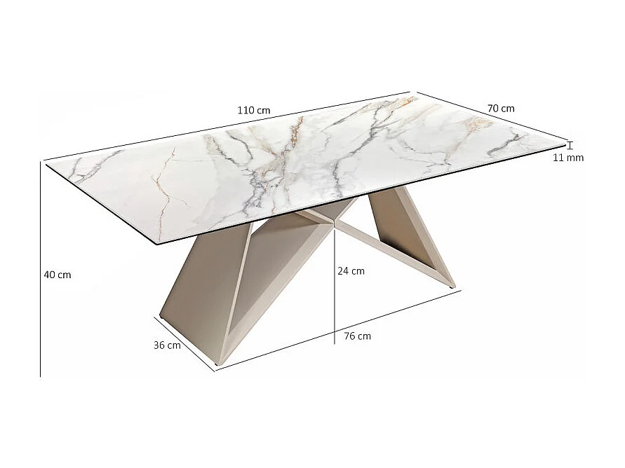 Table basse 110 cm céramique blanc marbré pied métal beige - ISAURE