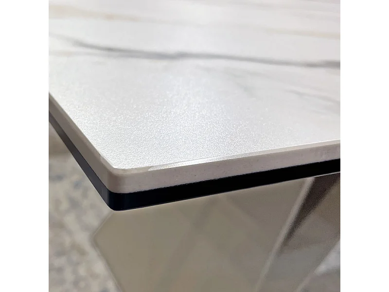 Table basse 110 cm céramique blanc marbré pied métal beige - ISAURE