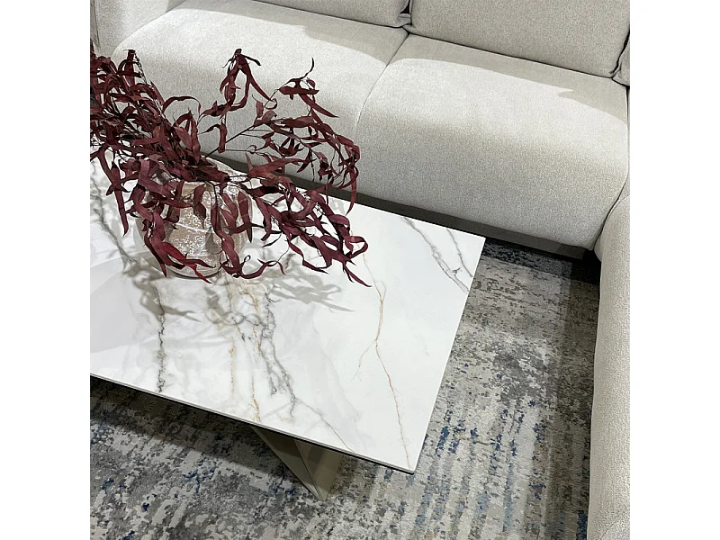 Table basse 110 cm céramique blanc marbré pied métal beige - ISAURE