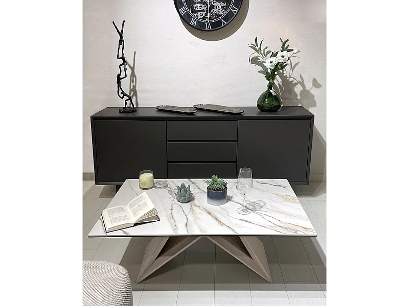 Table basse 110 cm céramique blanc marbré pied métal beige - ISAURE