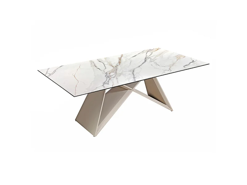 Table basse 110 cm céramique blanc marbré pied métal beige - ISAURE