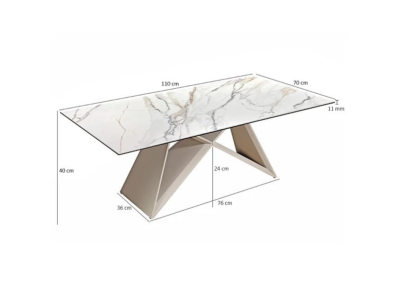 Table basse 110 cm céramique blanc marbré pied métal beige - ISAURE