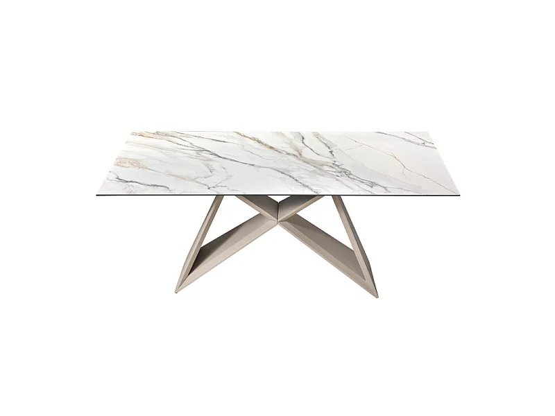 Table basse 110 cm céramique blanc marbré pied métal beige - ISAURE