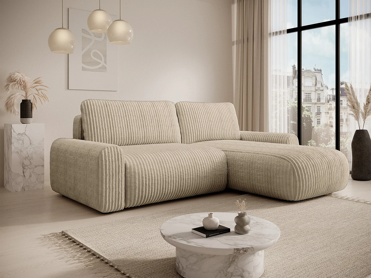 Canapé d’angle avec velours côtelé – couchage et coffre – Beige – réversible – LELU