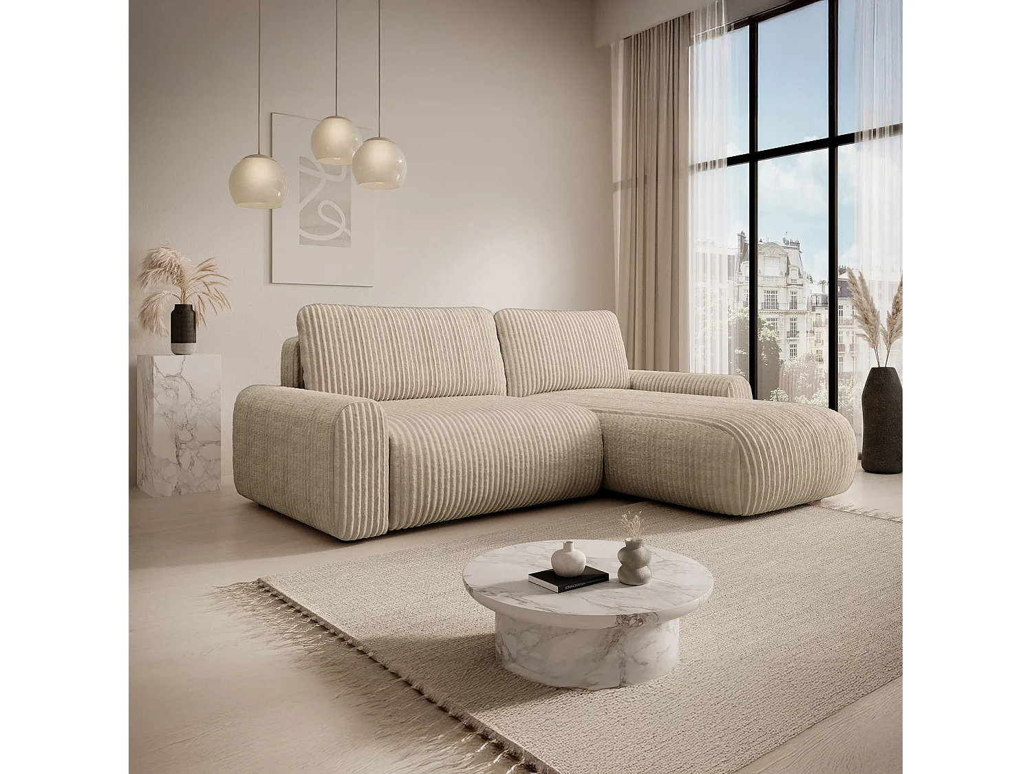 Ecksofa mit Cordbezug – Schlaffunktion und Bettkasten – Beige – beidseitig – LELU