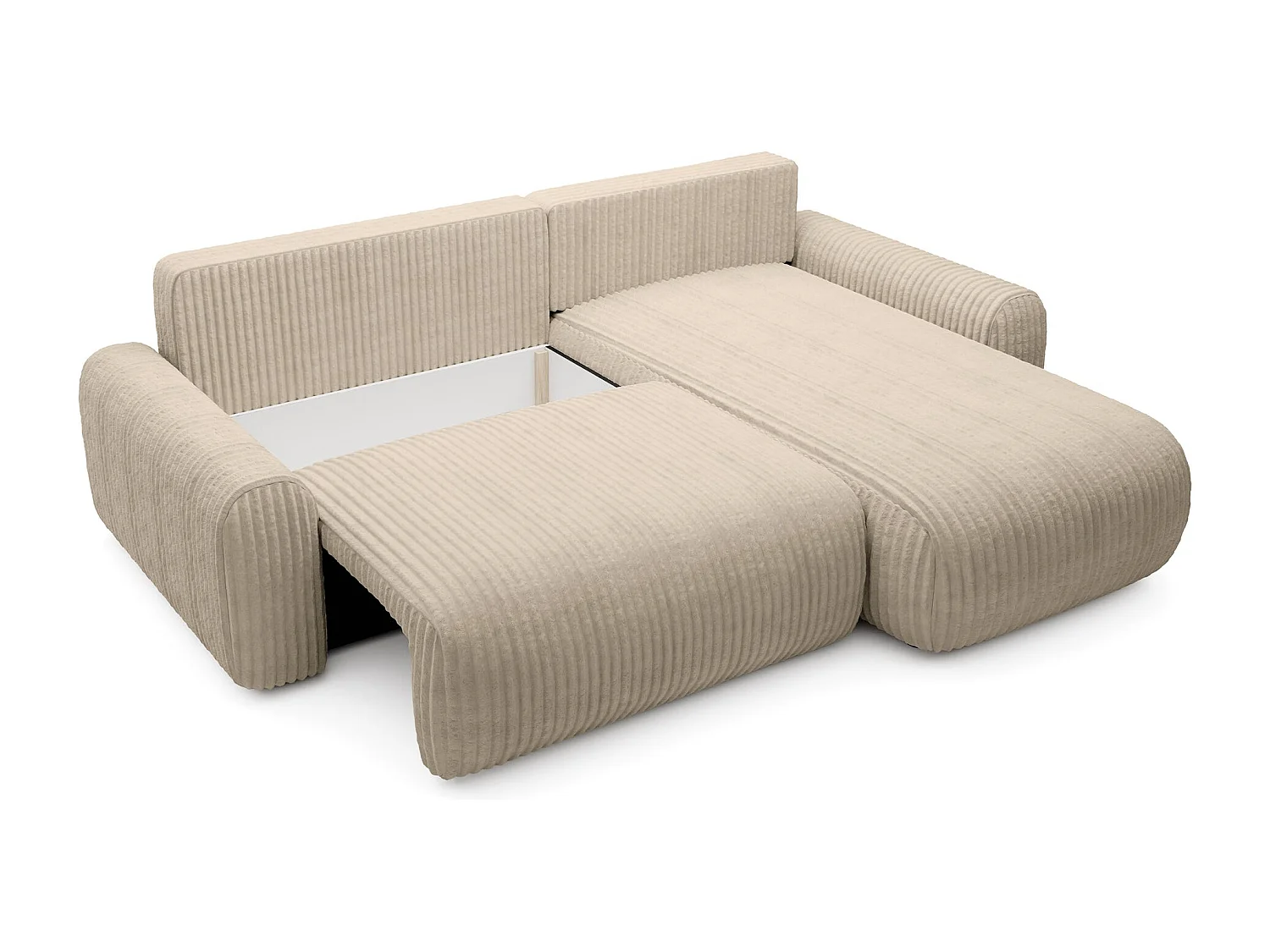 Ecksofa mit Cordbezug – Schlaffunktion und Bettkasten – Beige – beidseitig – LELU