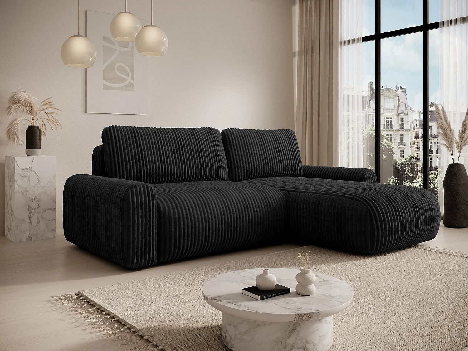 Canapé d’angle avec velours côtelé – couchage et coffre – Noir – réversible – LELU