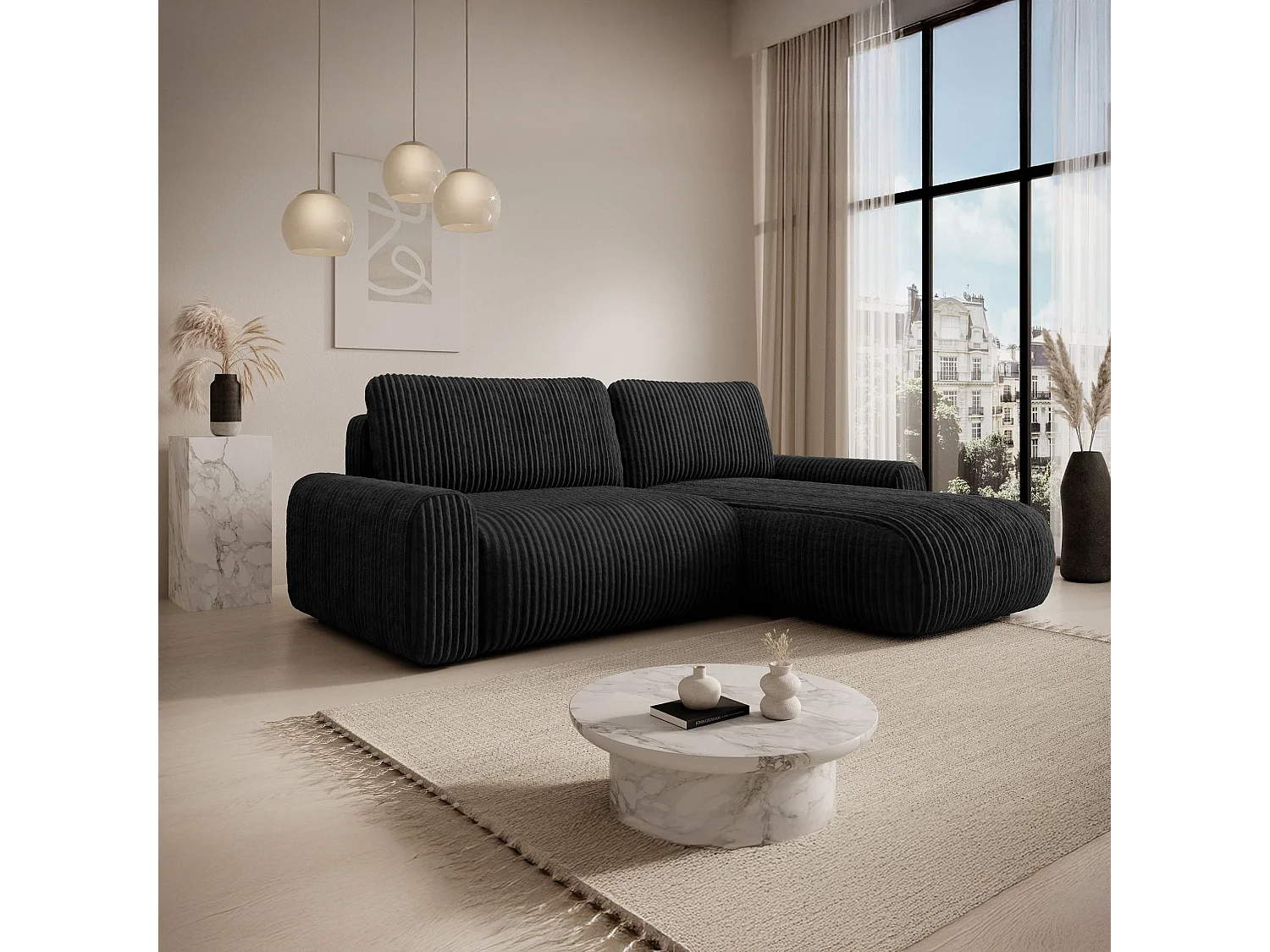 Ecksofa mit Cordbezug – Schlaffunktion und Bettkasten – Schwarz – beidseitig – LELU