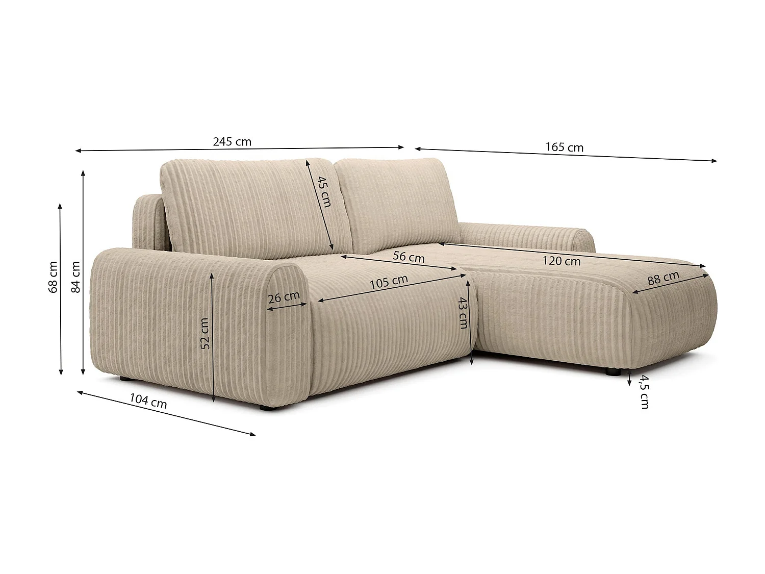 Ecksofa mit Cordbezug – Schlaffunktion und Bettkasten – Schwarz – beidseitig – LELU