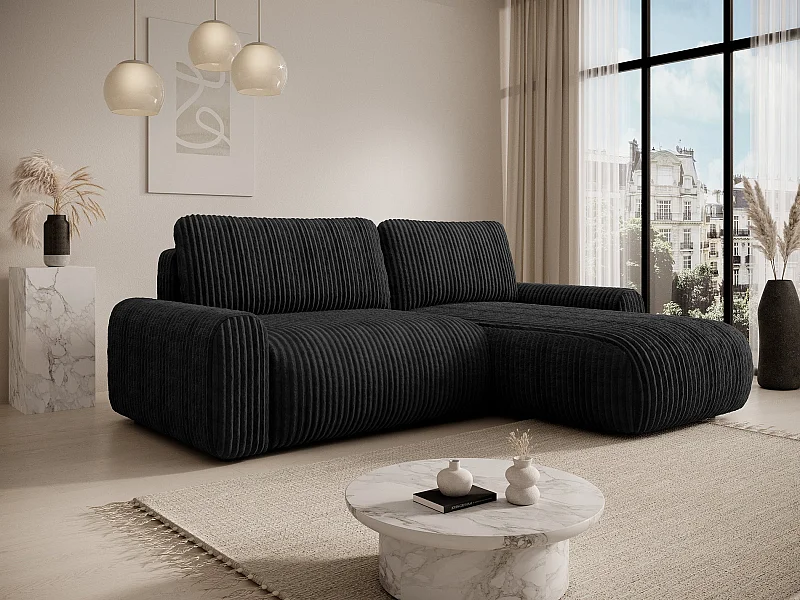 Canapé d’angle avec velours côtelé – couchage et coffre – Noir – réversible – LELU