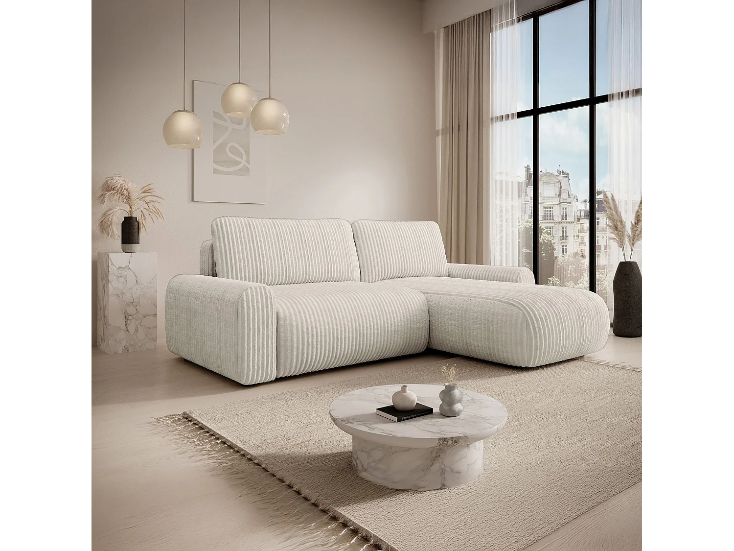 Canapé d’angle avec velours côtelé – couchage et coffre – Crème – réversible – LELU