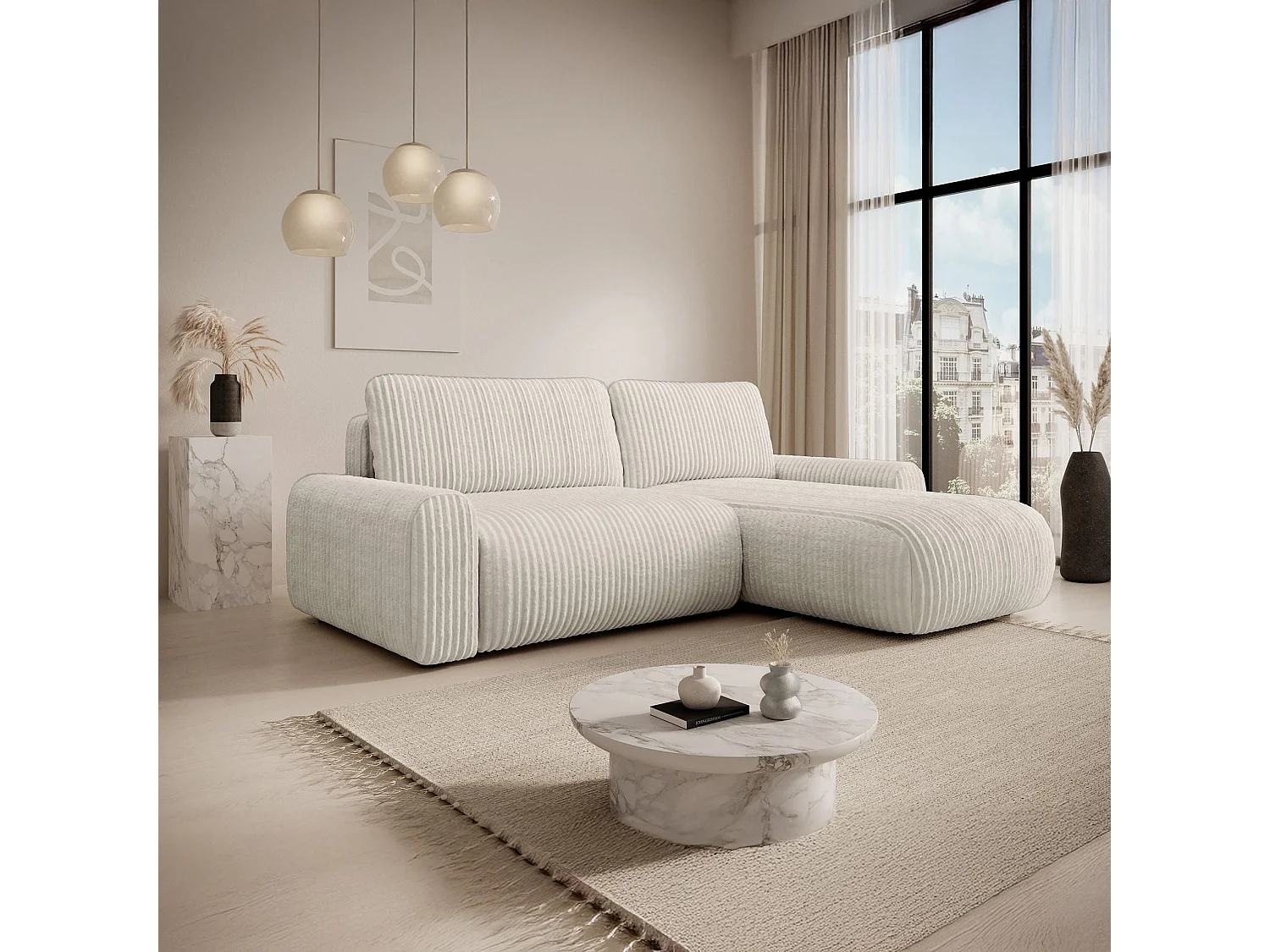 Canapé d’angle avec velours côtelé – couchage et coffre – Crème – réversible – LELU