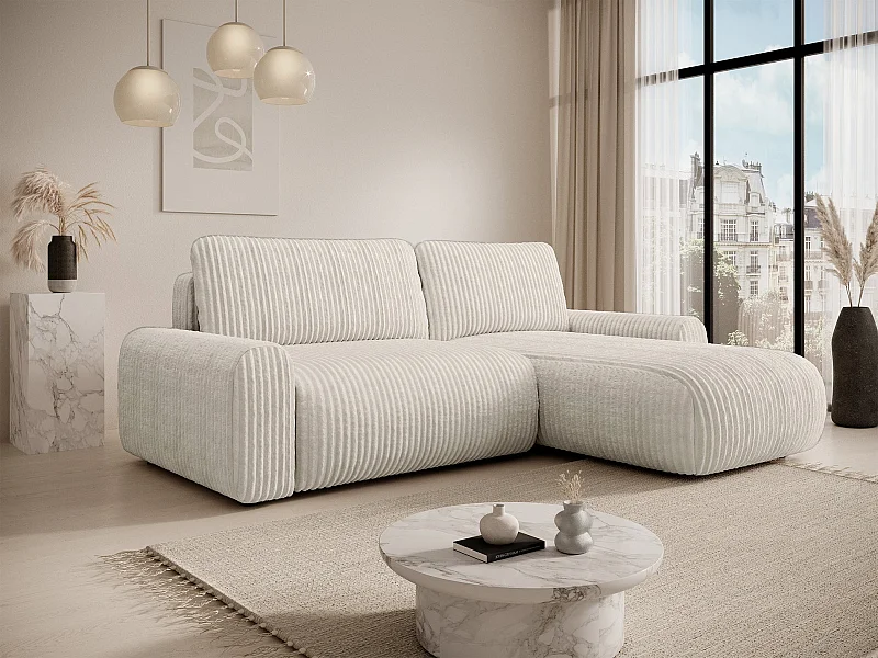 Canapé d’angle avec velours côtelé – couchage et coffre – Crème – réversible – LELU