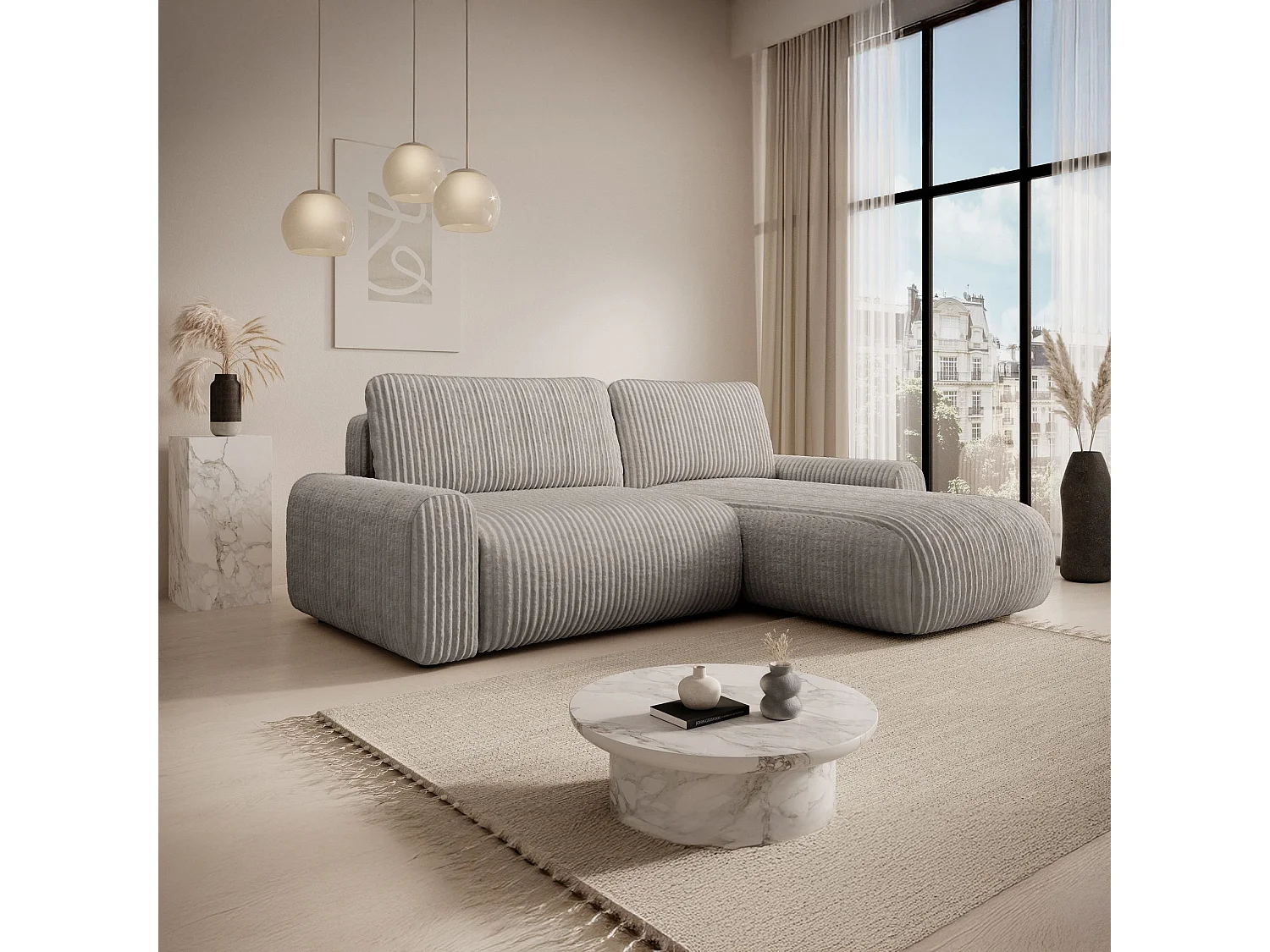 Canapé d’angle avec velours côtelé – couchage et coffre – Greige – réversible – LELU