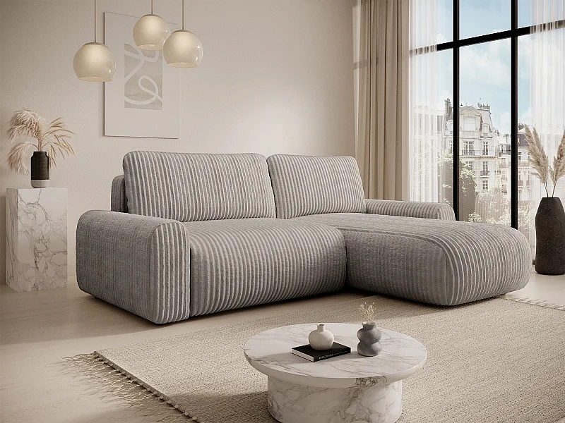 Canapé d’angle avec velours côtelé – couchage et coffre – Greige – réversible – LELU