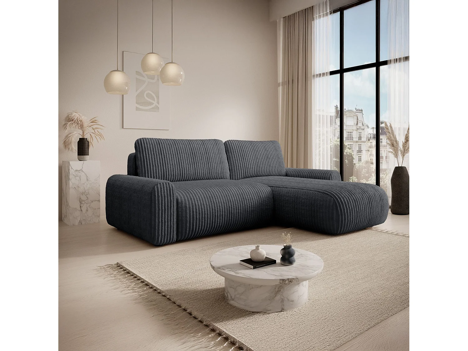 Ecksofa mit Cordbezug – Schlaffunktion und Bettkasten – Dunkelgrau – beidseitig – LELU