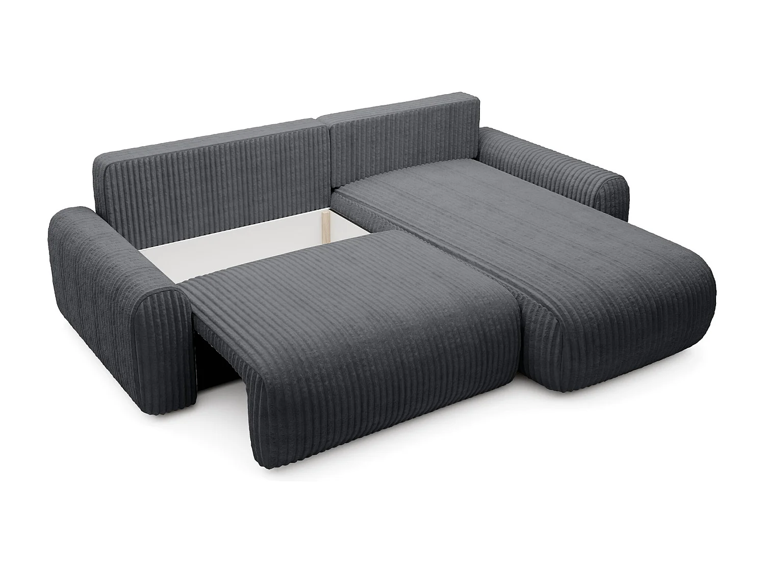 Ecksofa mit Cordbezug – Schlaffunktion und Bettkasten – Dunkelgrau – beidseitig – LELU