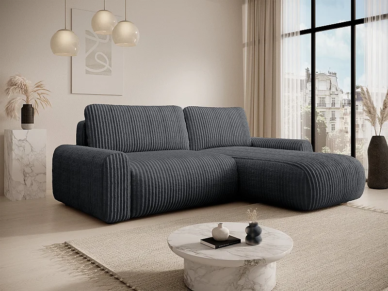Canapé d’angle avec velours côtelé – couchage et coffre – Gris foncé – réversible – LELU
