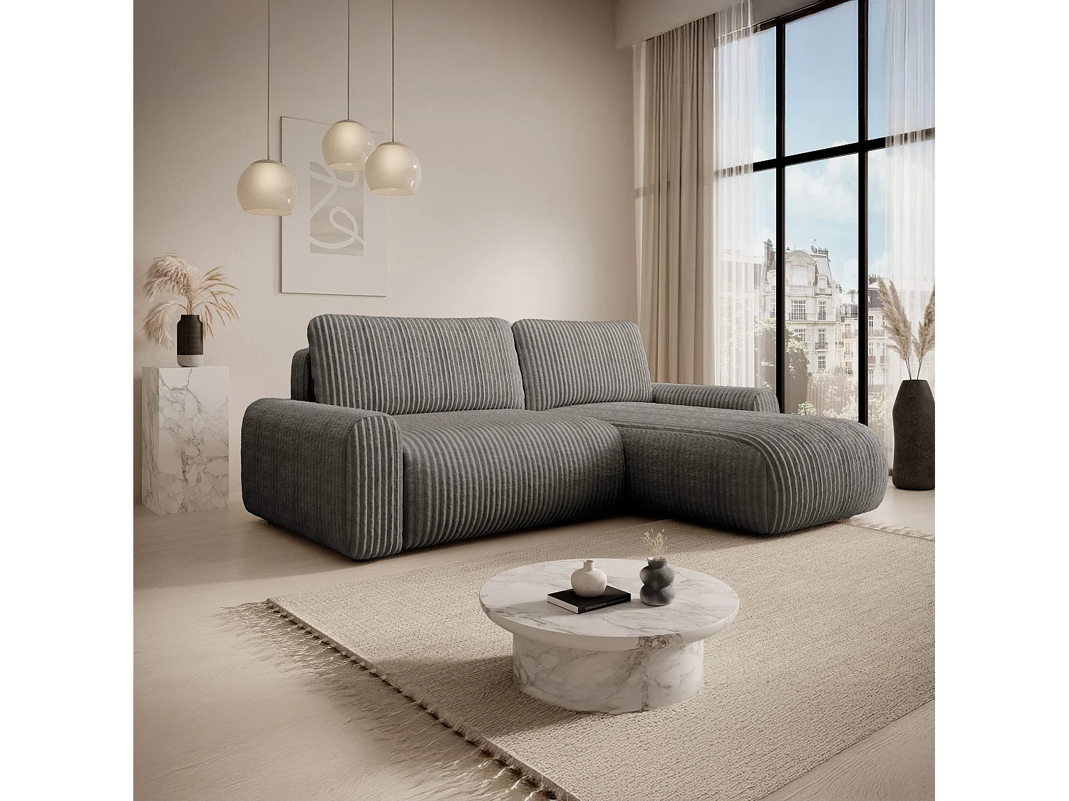 Ecksofa mit Cordbezug – Schlaffunktion und Bettkasten – Dunkelbeige – beidseitig – LELU