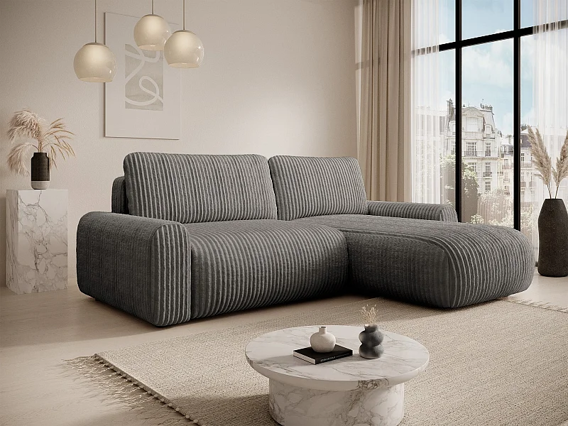 Canapé d’angle avec velours côtelé – couchage et coffre – Beige foncé – réversible – LELU