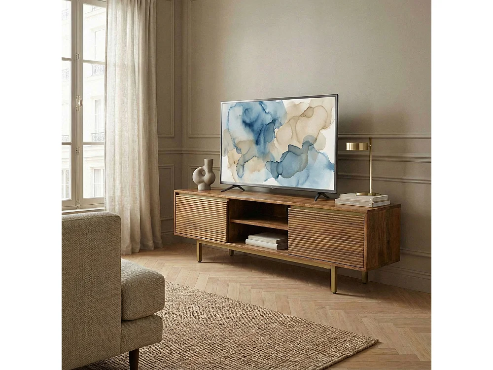 Liro - Meuble TV 2 portes en bois massif et métal L150cm - Bois