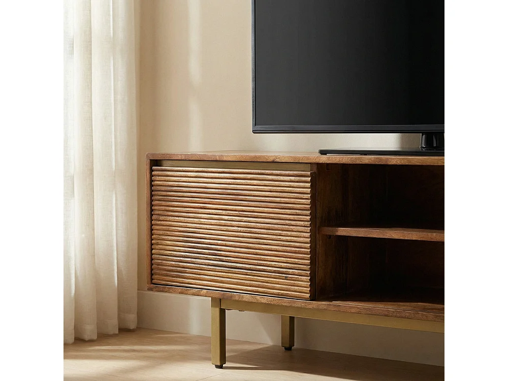 Liro - Meuble TV 2 portes en bois massif et métal L150cm - Bois