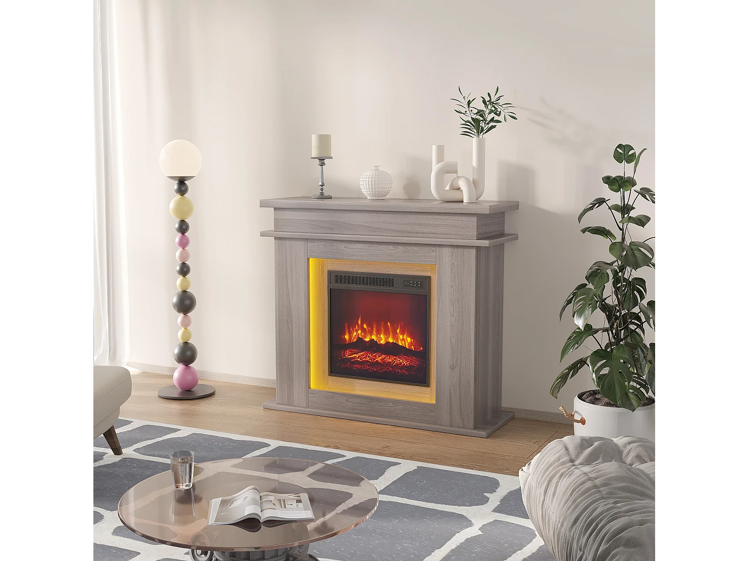 Cheminée électrique - cheminée LED, avec chauffage - effet flamme 3D - minuterie, éclairage d'ambiance LED 20 couleurs et télécommande -couleur chêne