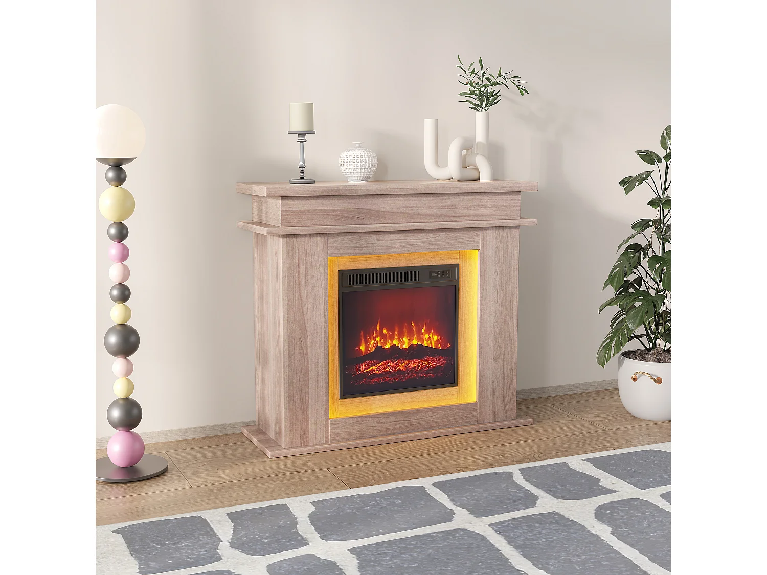 Cheminée électrique - cheminée LED, avec chauffage - effet flamme 3D - minuterie, éclairage d'ambiance LED 20 couleurs et télécommande -couleur chêne