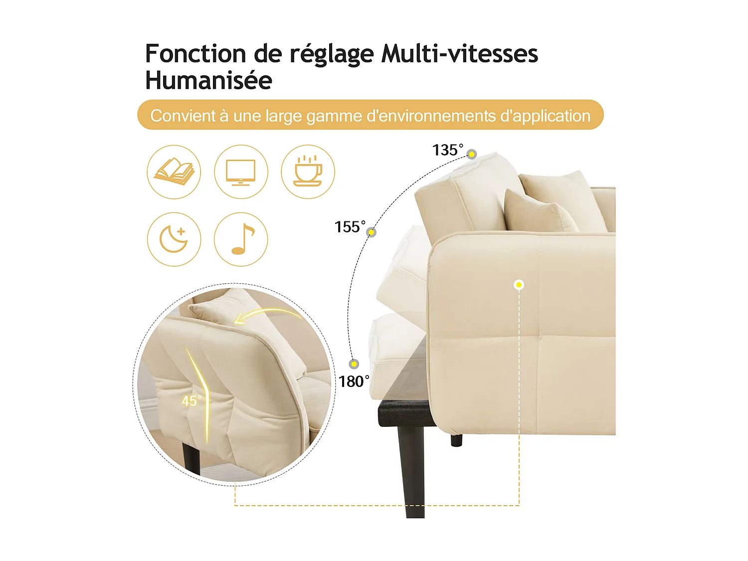 Canapé-lit 2 en 1 réglable - Dossier réglable - Pieds de canapé en bois et coussins inclus - Velours - 176 x 78 x 76 cm - Beige