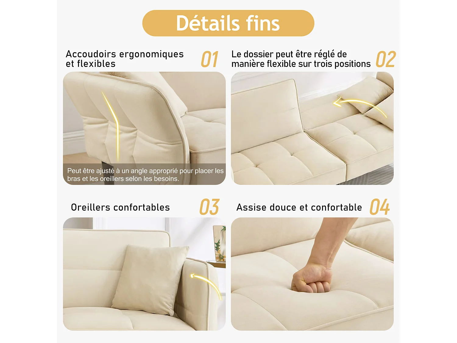 Canapé-lit 2 en 1 réglable - Dossier réglable - Pieds de canapé en bois et coussins inclus - Velours - 176 x 78 x 76 cm - Beige