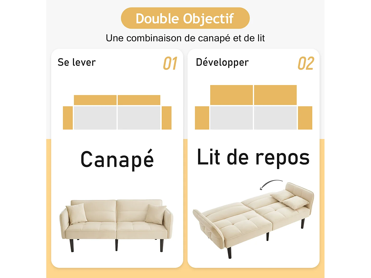 Canapé-lit 2 en 1 réglable - Dossier réglable - Pieds de canapé en bois et coussins inclus - Velours - 176 x 78 x 76 cm - Beige