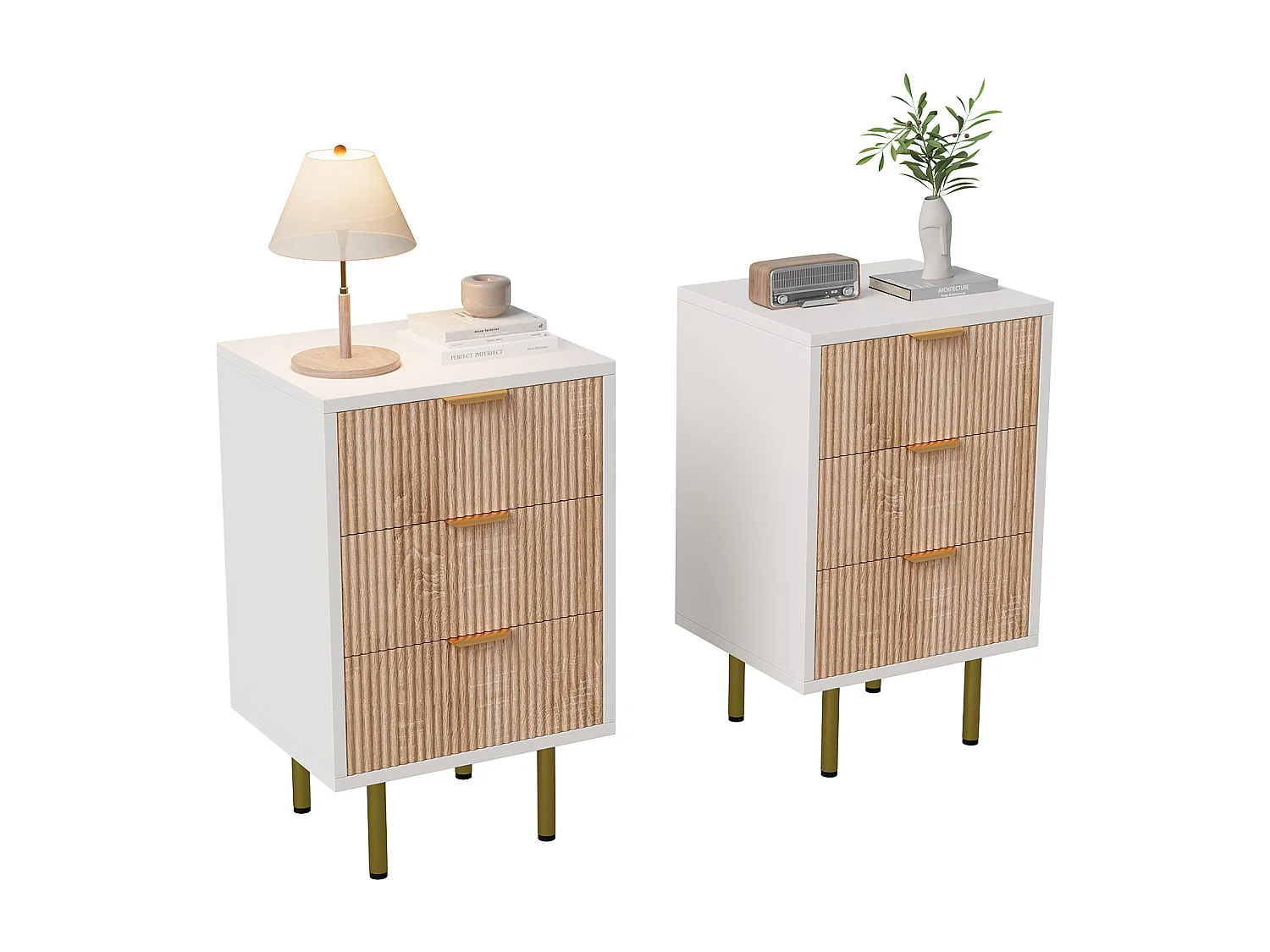 Lot de 2 tables de chevet - commode à 3 tiroirs - avec poignée en métal - 65 x 40 x 40 cm