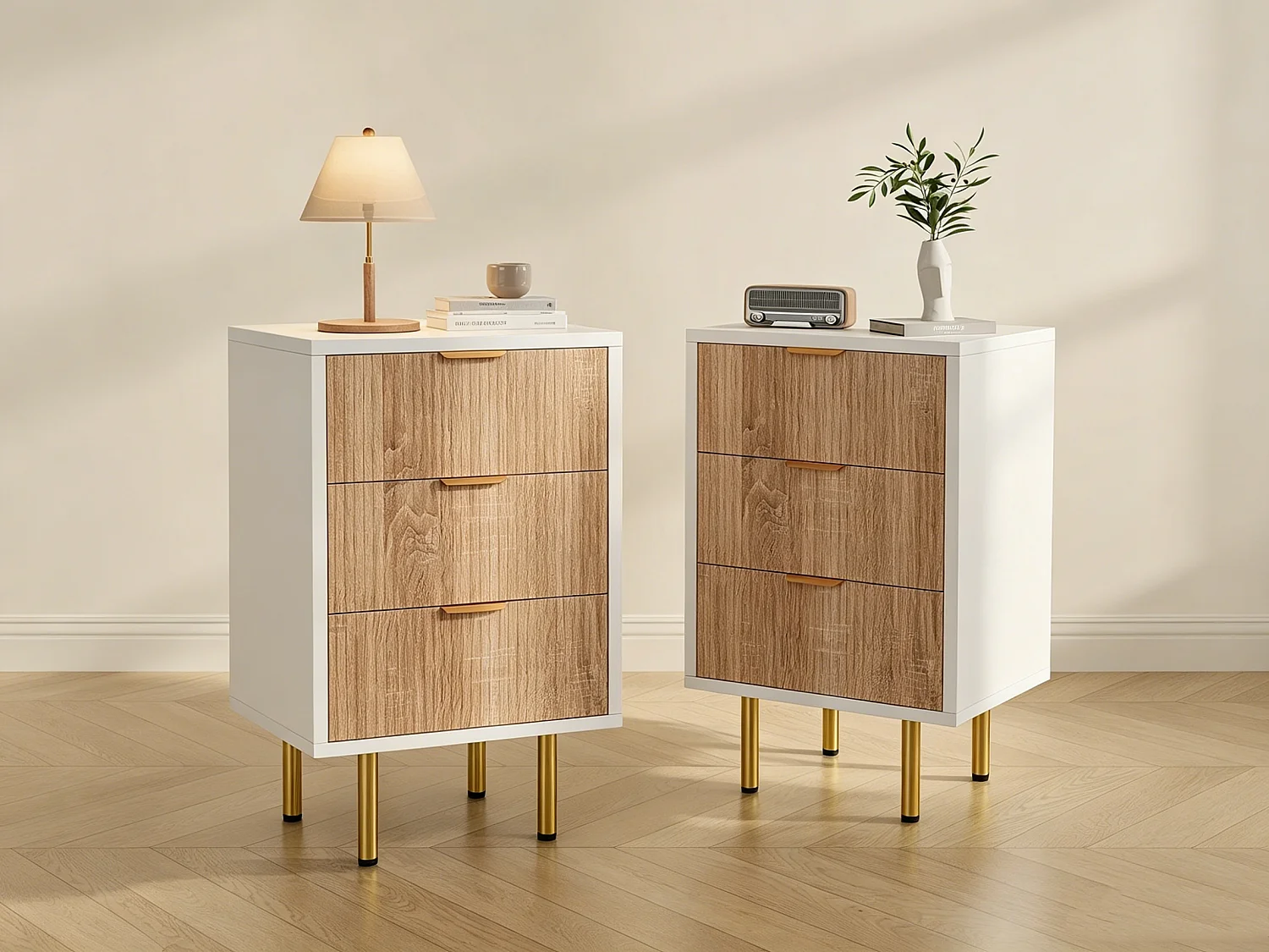 Set van 2 nachtkastjes - ladekasten met 3 lades - met metalen handgrepen - 65 x 40 x 40 cm