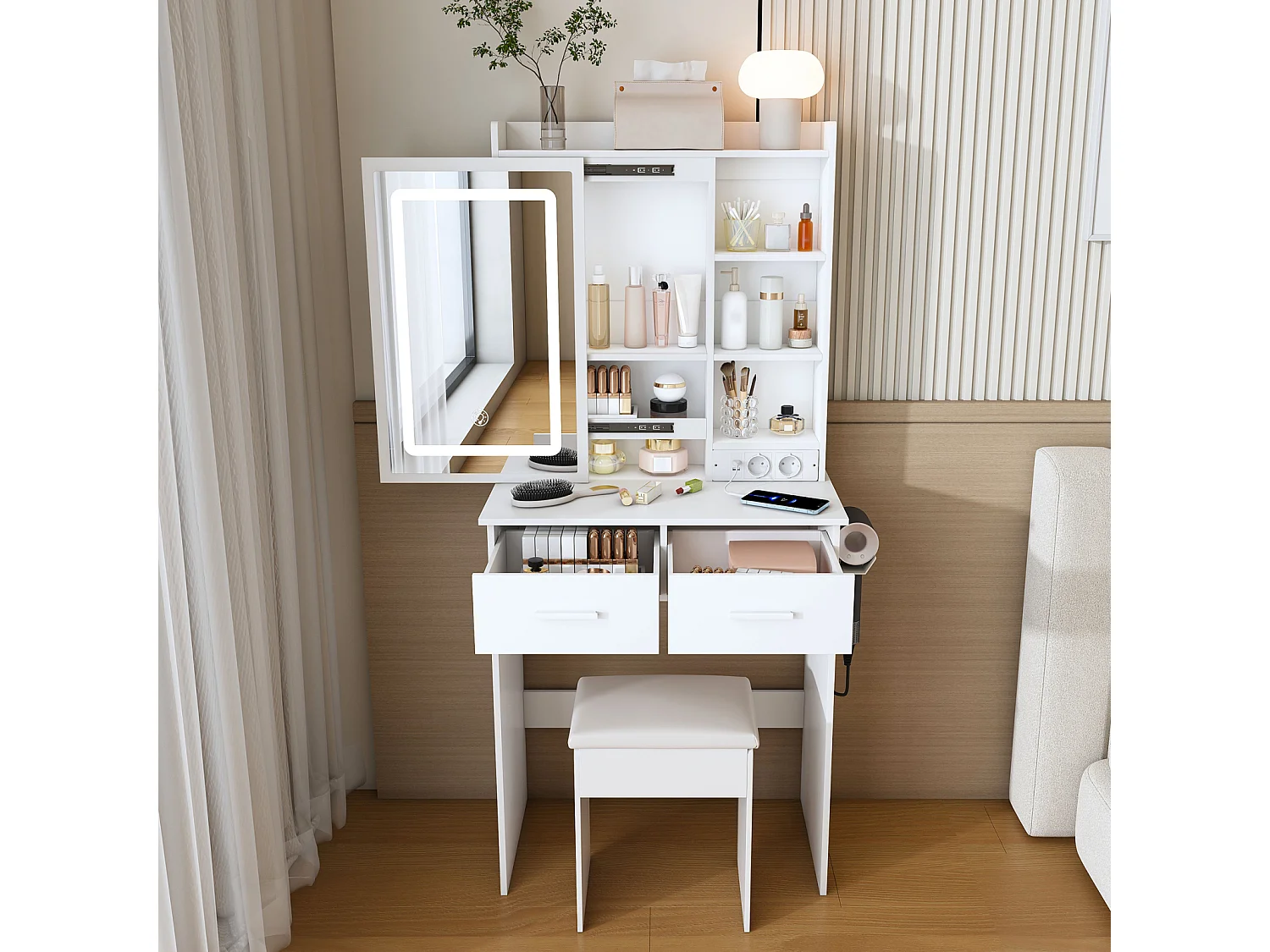 Kaptafel met spiegel, verstelbare ledverlichting en stopcontact, gestoffeerde kruk en opbergruimte - 60 x 136 x 36 cm