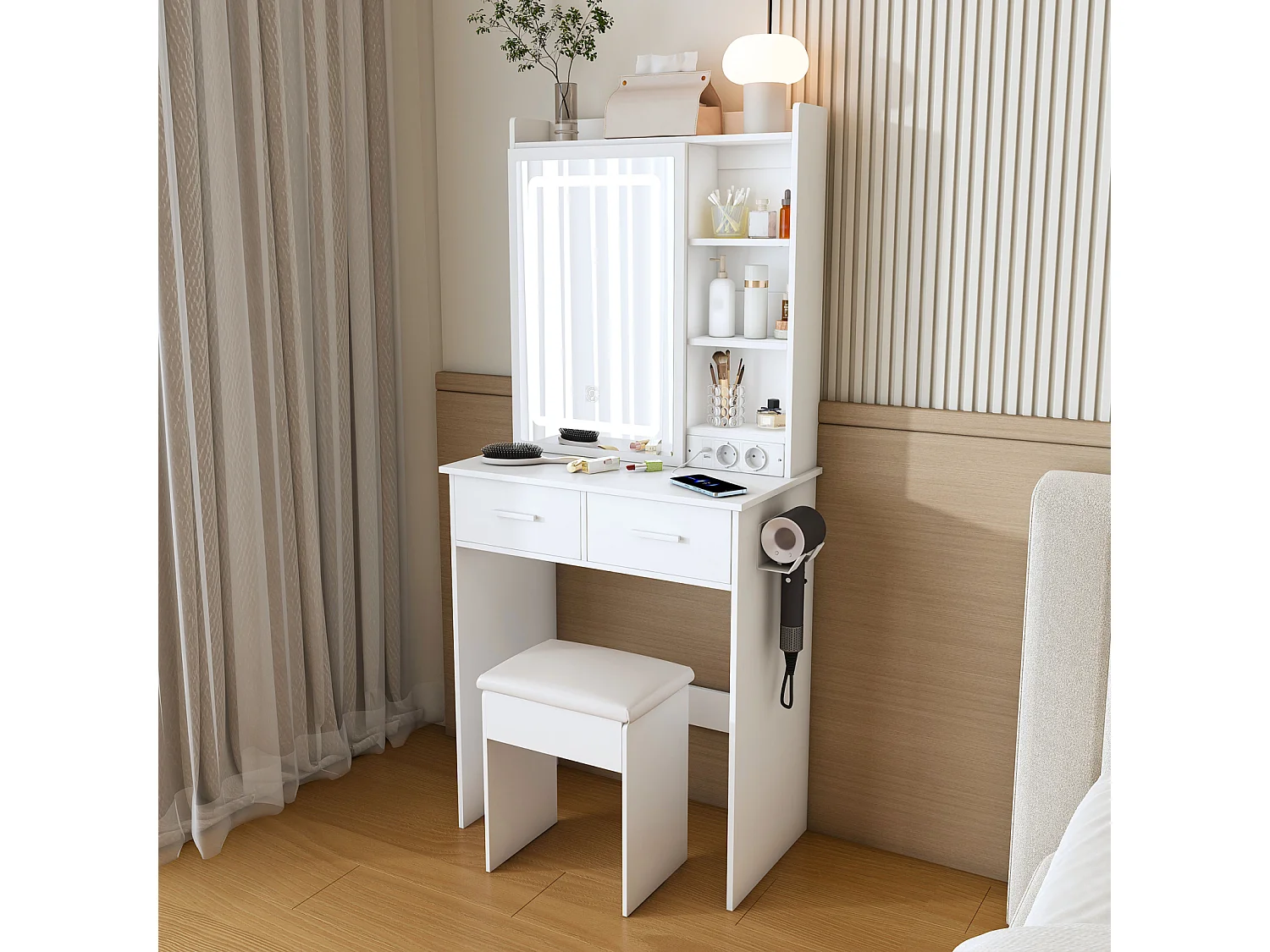 Kaptafel met spiegel, verstelbare ledverlichting en stopcontact, gestoffeerde kruk en opbergruimte - 60 x 136 x 36 cm