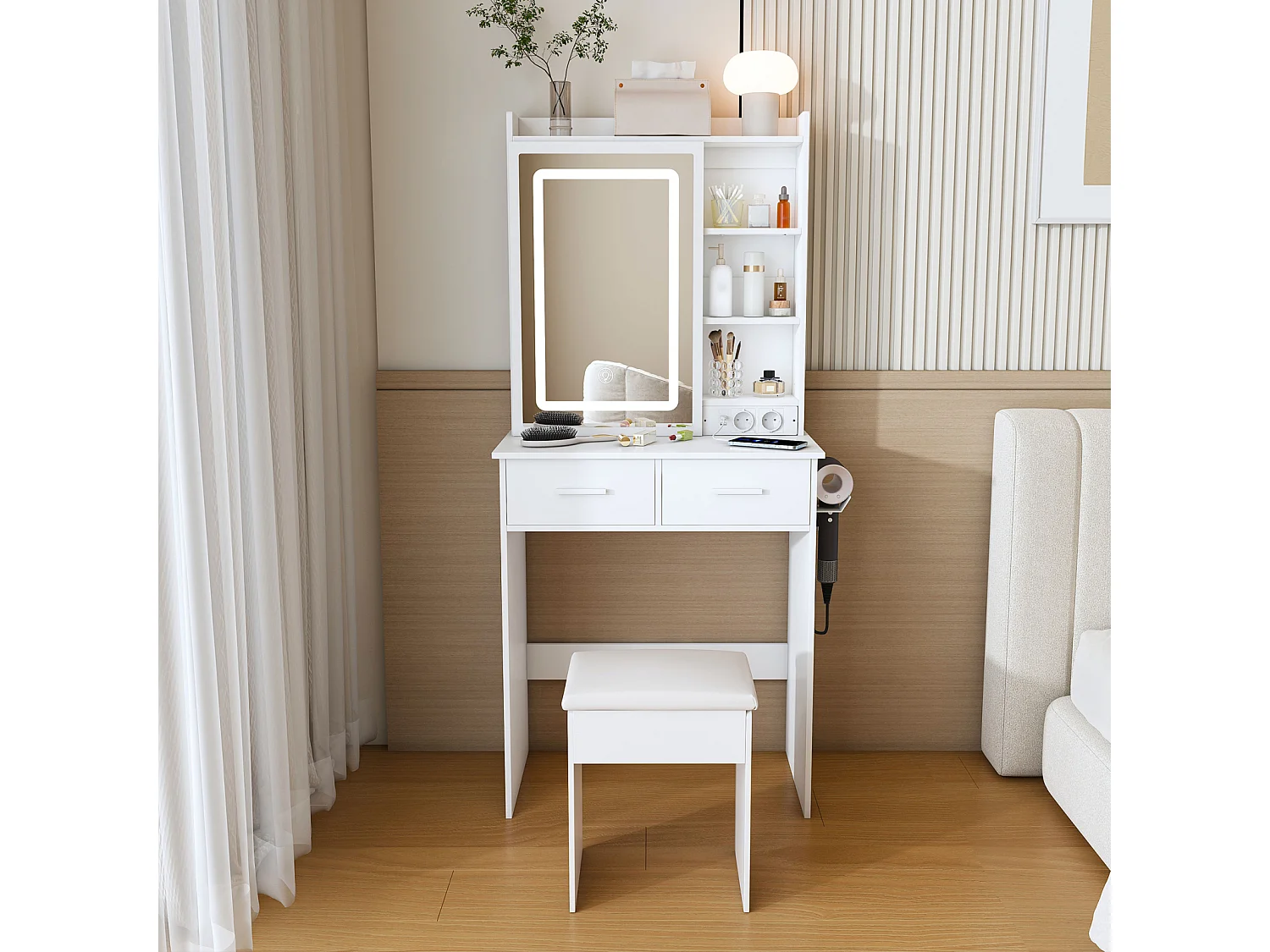 Kaptafel met spiegel, verstelbare ledverlichting en stopcontact, gestoffeerde kruk en opbergruimte - 60 x 136 x 36 cm