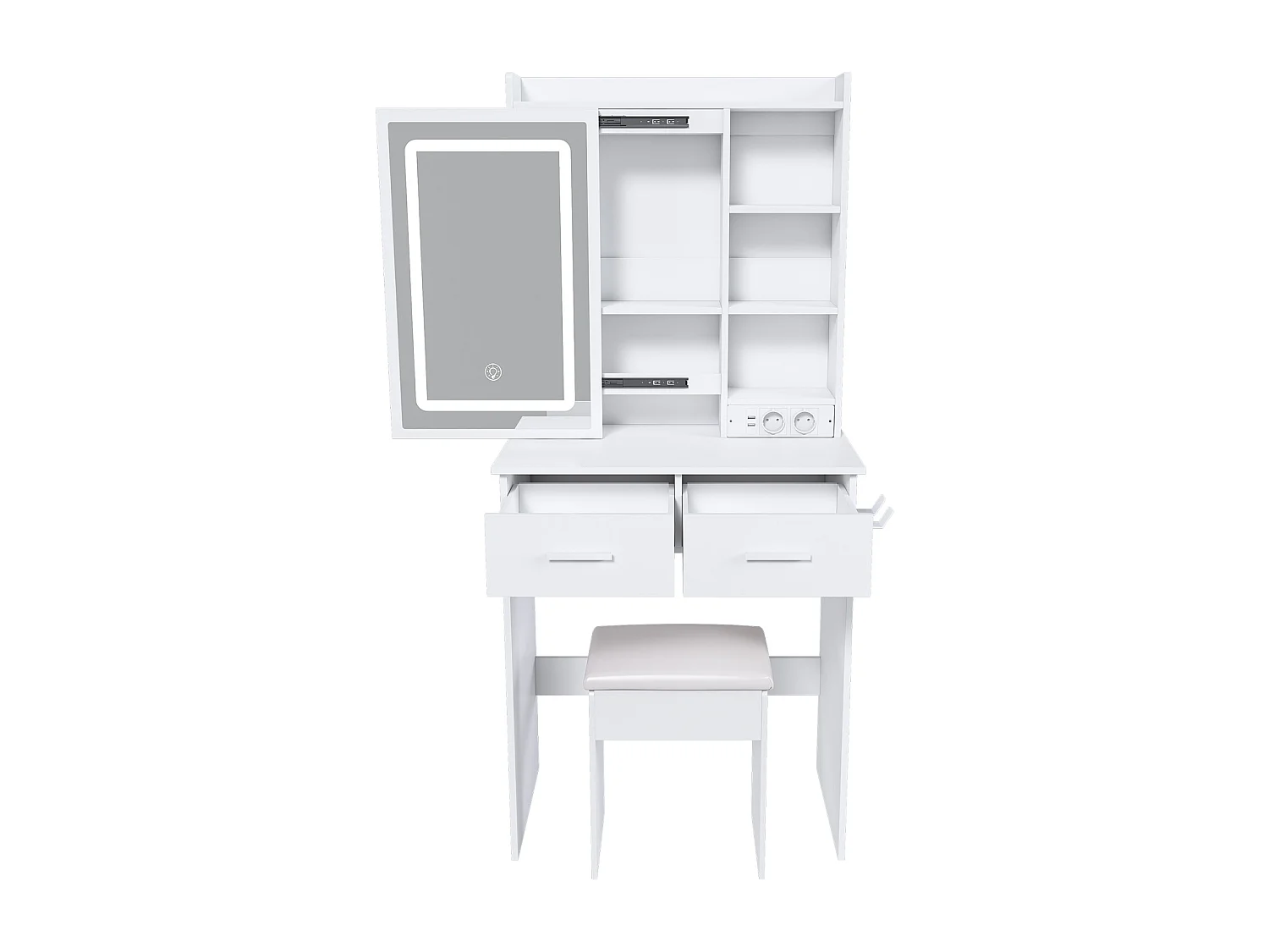 Kaptafel met spiegel, verstelbare ledverlichting en stopcontact, gestoffeerde kruk en opbergruimte - 60 x 136 x 36 cm