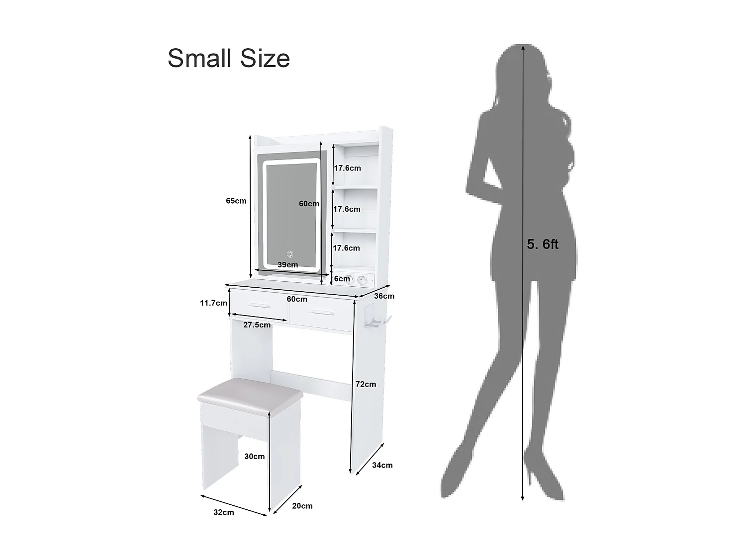 Kaptafel met spiegel, verstelbare ledverlichting en stopcontact, gestoffeerde kruk en opbergruimte - 60 x 136 x 36 cm