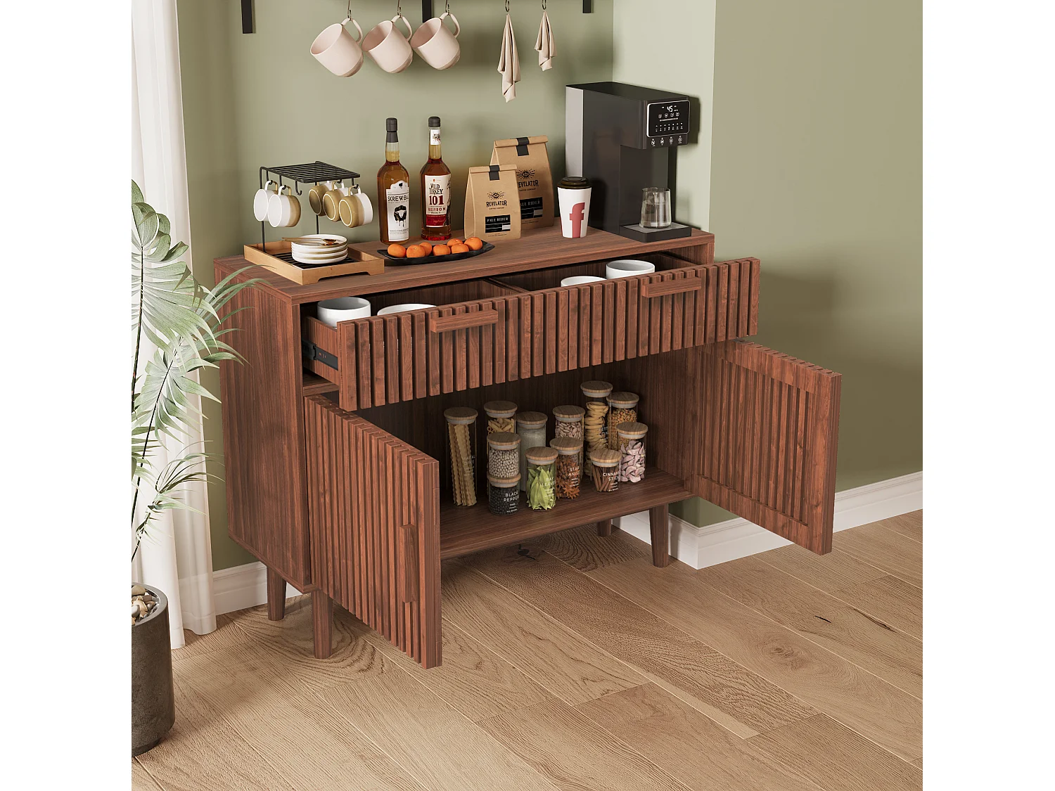 Buffet commode à 2 tiroirs et 2 portes, meuble de cuisine, bois, 100 x 35 x 80 cm