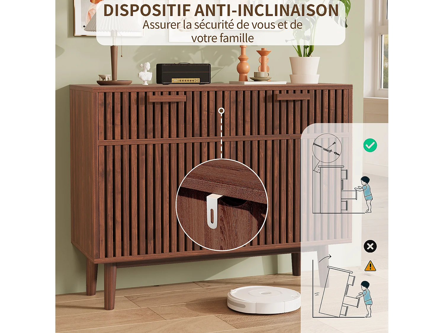 Buffet commode à 2 tiroirs et 2 portes, meuble de cuisine, bois, 100 x 35 x 80 cm