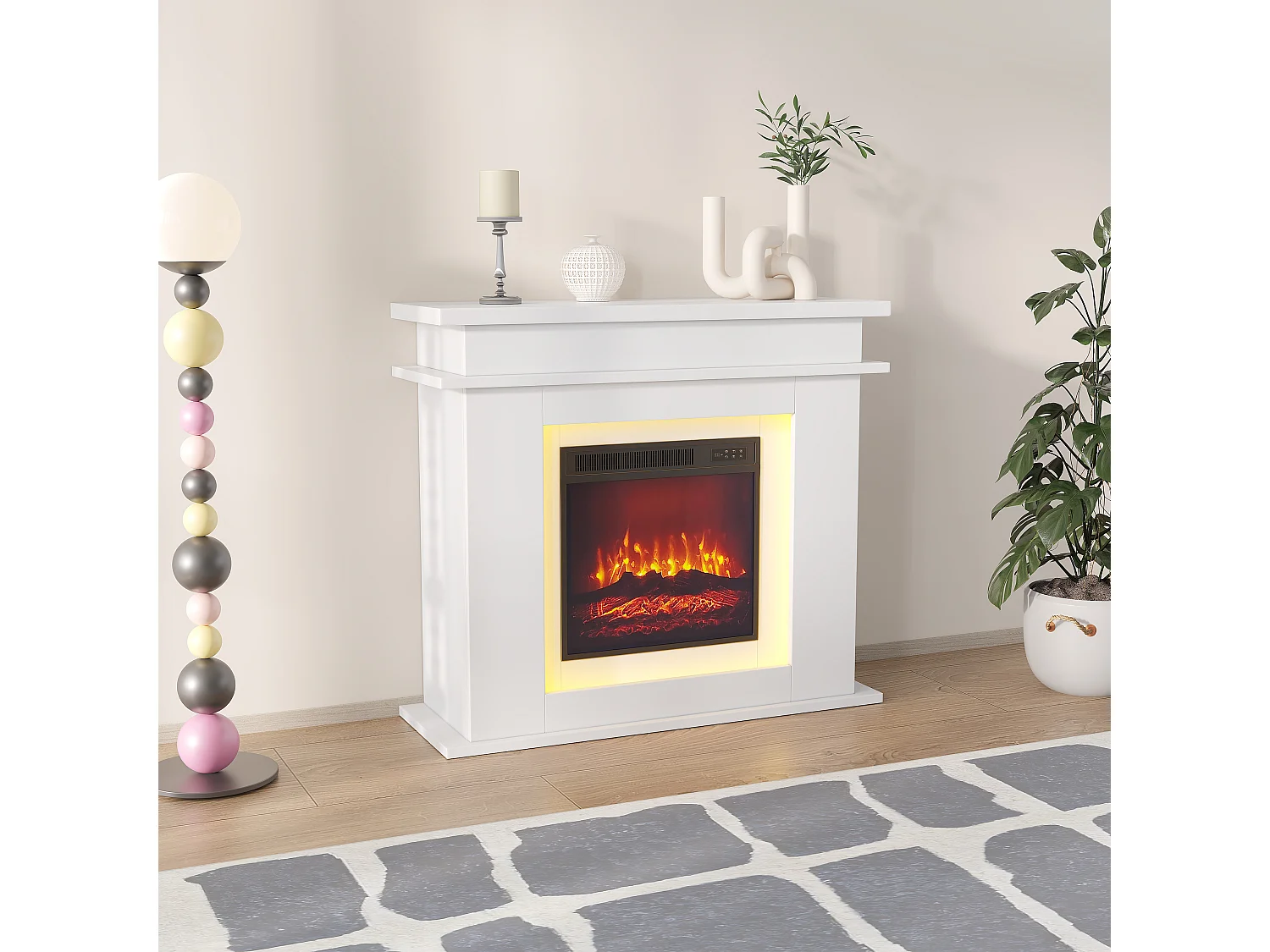 Cheminée électrique - cheminée LED, avec chauffage - effet flamme 3D - minuterie, éclairage d'ambiance LED 20 couleurs et télécommande -Blanc