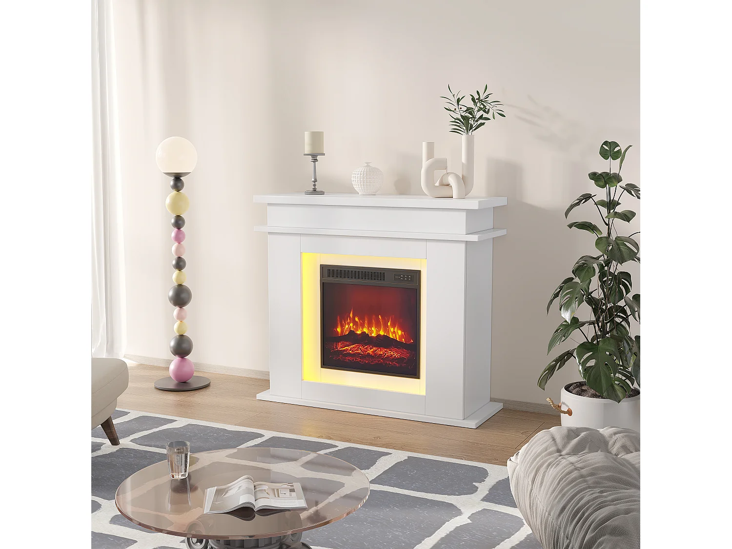 Cheminée électrique - cheminée LED, avec chauffage - effet flamme 3D - minuterie, éclairage d'ambiance LED 20 couleurs et télécommande -Blanc