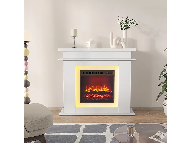 Cheminée électrique - cheminée LED, avec chauffage - effet flamme 3D - minuterie, éclairage d'ambiance LED 20 couleurs et télécommande -Blanc